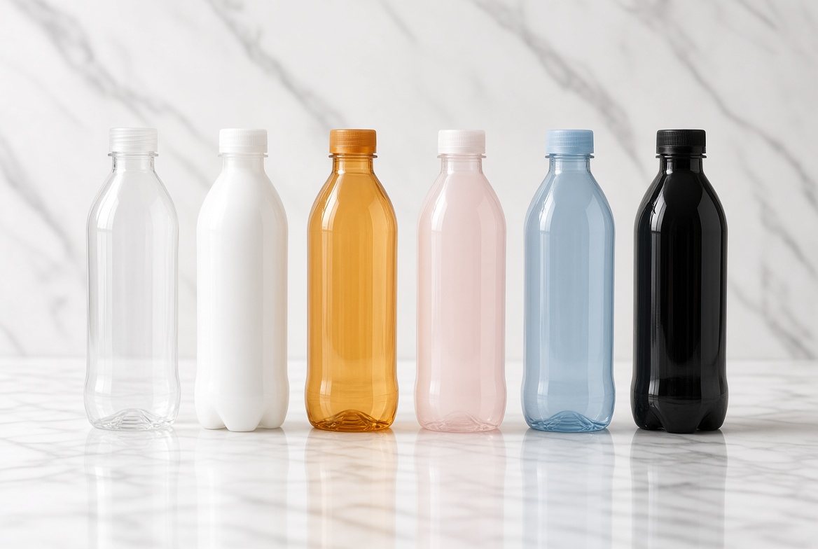 Seis envases PET iguales en cristal, blanco, ámbar, rosado, azul y negro