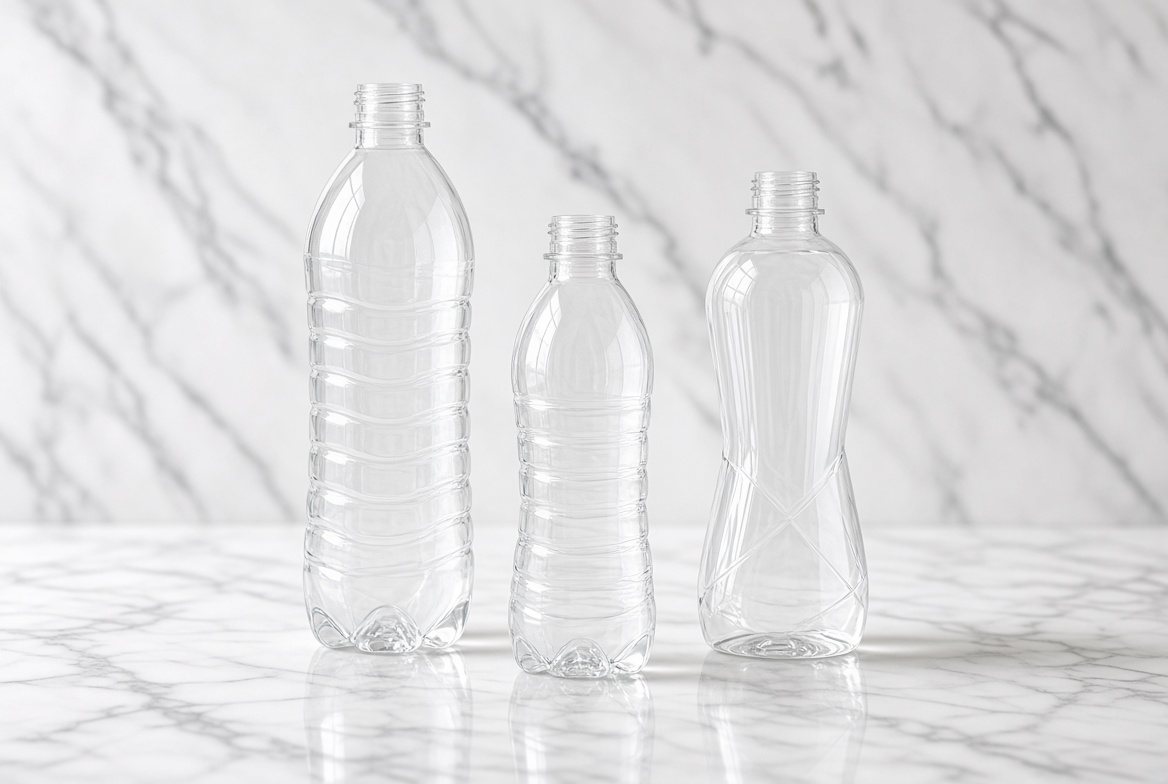 Tres envases PET transparentes de distinta forma y capacidad