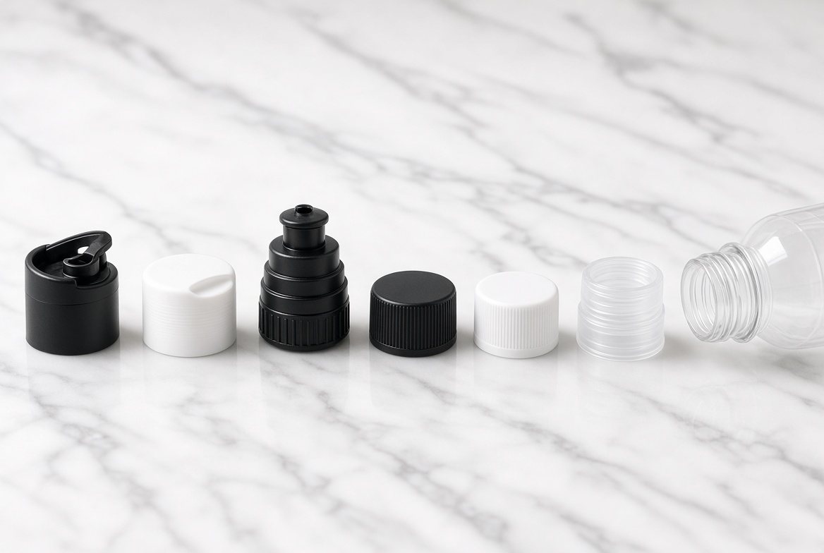 Tapas flip top, disc top, push pull y roscas en blanco, negro y transparente junto a un envase
