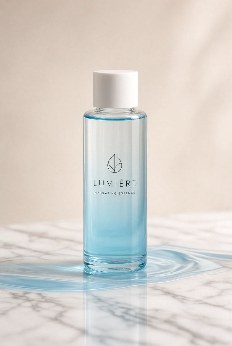 Envase transparente con logo y texto estampados sobre el cuerpo