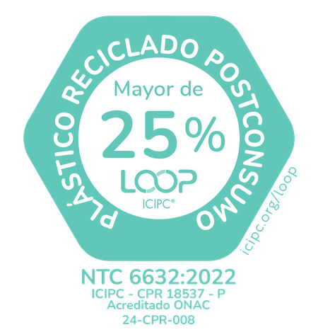 Sello LOOP del ICIPC: plástico reciclado postconsumo, mayor de 25 %, NTC 6632:2022, ICIPC-CPR 18537-P
