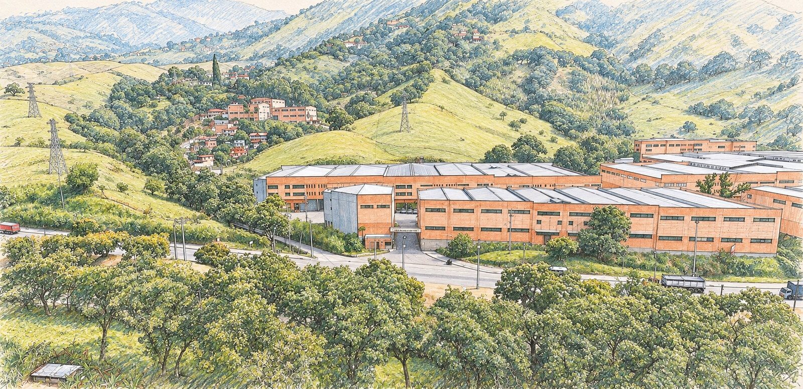 Ilustración de la planta de Girardota rodeada de montañas y árboles