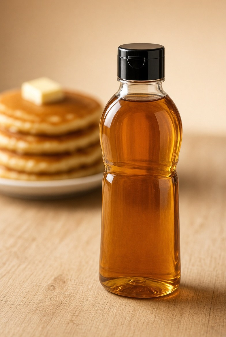 Envase con jarabe y tapa flip top junto a pancakes