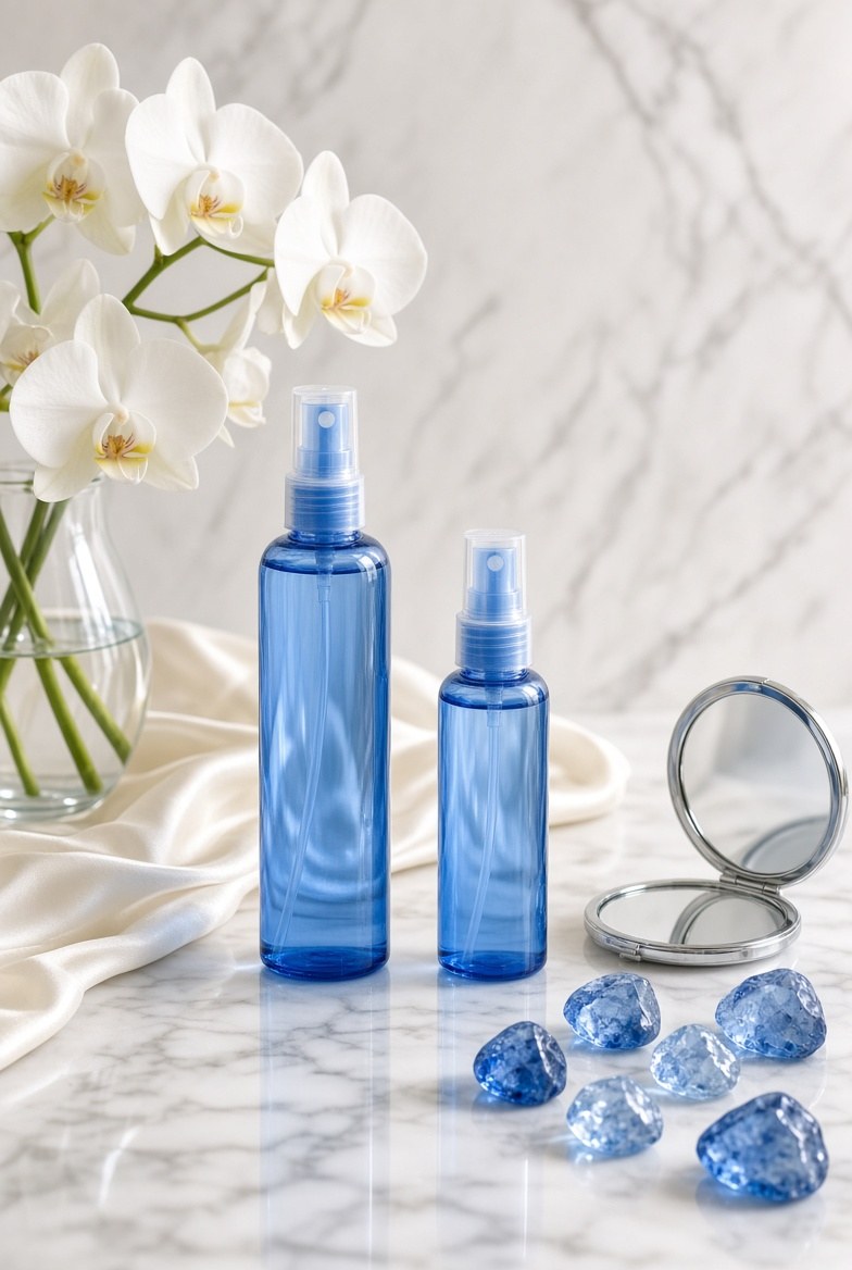 Envases azules con atomizador sobre mármol, junto a orquídeas