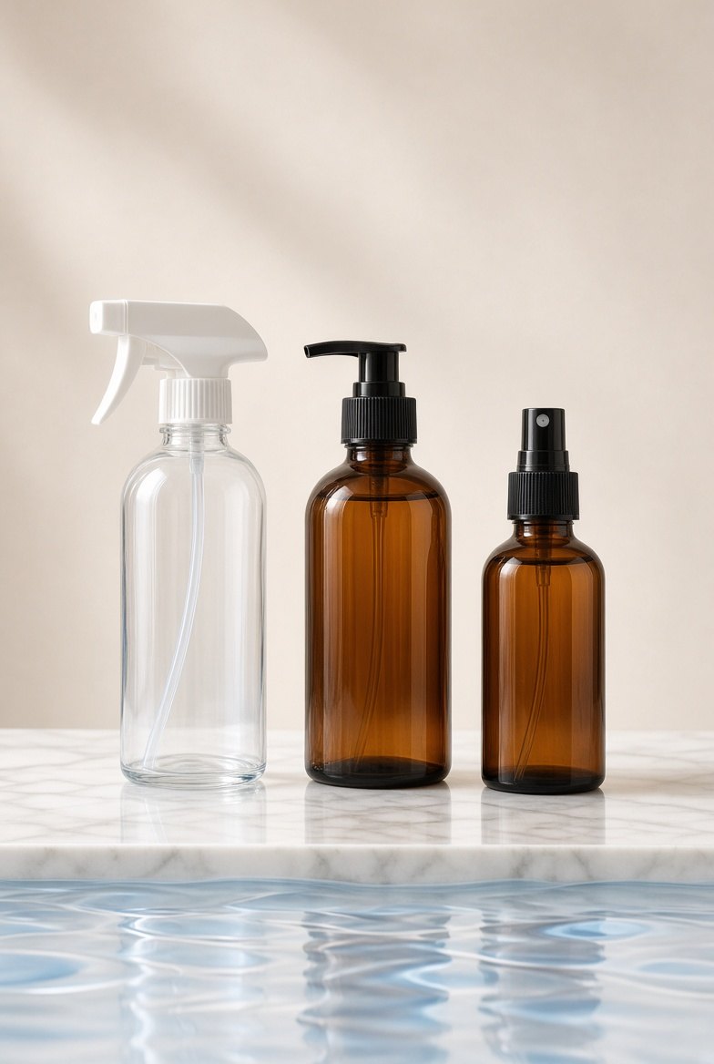 Envases transparente y ámbar con gatillo, válvula y atomizador