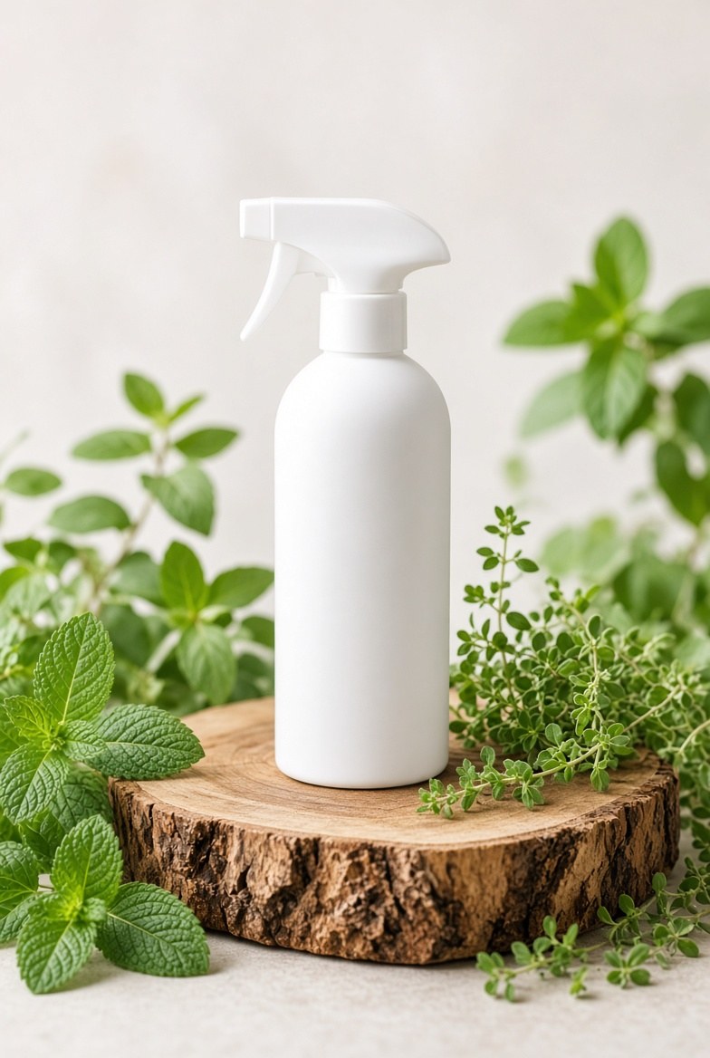Envase blanco con atomizador de gatillo entre hierbas